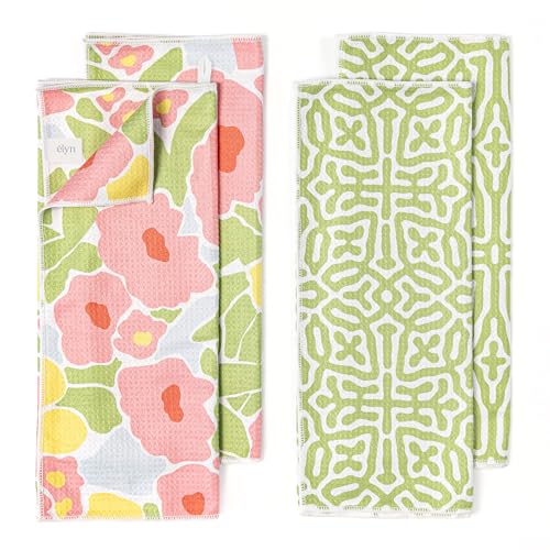 ELYN Microfiber Kitchen Dish Towel Set, Quick-Dry & Absorbent Waffle Weave Cleaning Towels, Set of 4 Kitchen Towels, Paper Towels Alternative (Bold Floral & Geo) - Image 1