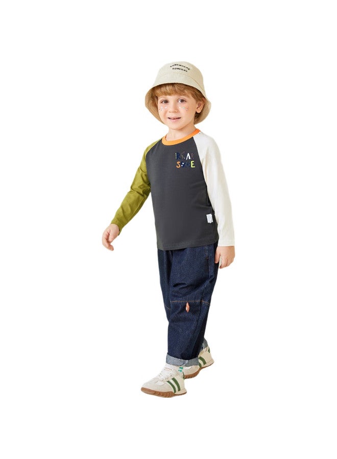 MQDMINI Children'S Clothing, Kids' Long-Sleeve T-Shirt, Boys' Undershirt, Girls' Color-Block Clothing, Pointed Dinosaur Gray And Beige, Size 100 - Image 3