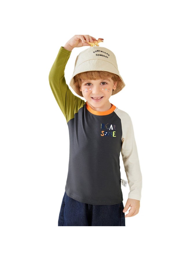 MQDMINI Children'S Clothing, Kids' Long-Sleeve T-Shirt, Boys' Undershirt, Girls' Color-Block Clothing, Pointed Dinosaur Gray And Beige, Size 100 - Image 1