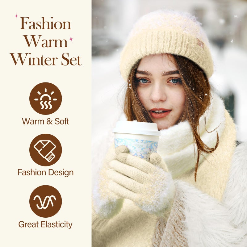 Tavaleu Winter Beanie Hat Scarf Gloves Set for Women, Warm Soft Knit Skull Cap Long Scarf Touchscreen Gloves 3 in 1 Set for Women/Men - Image 2