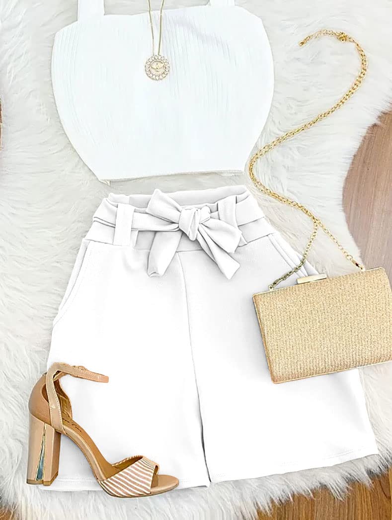 GOBLES Womens Summer Casual Shorts High Waist Ruffle Bow Tie Shorts White - Image 3