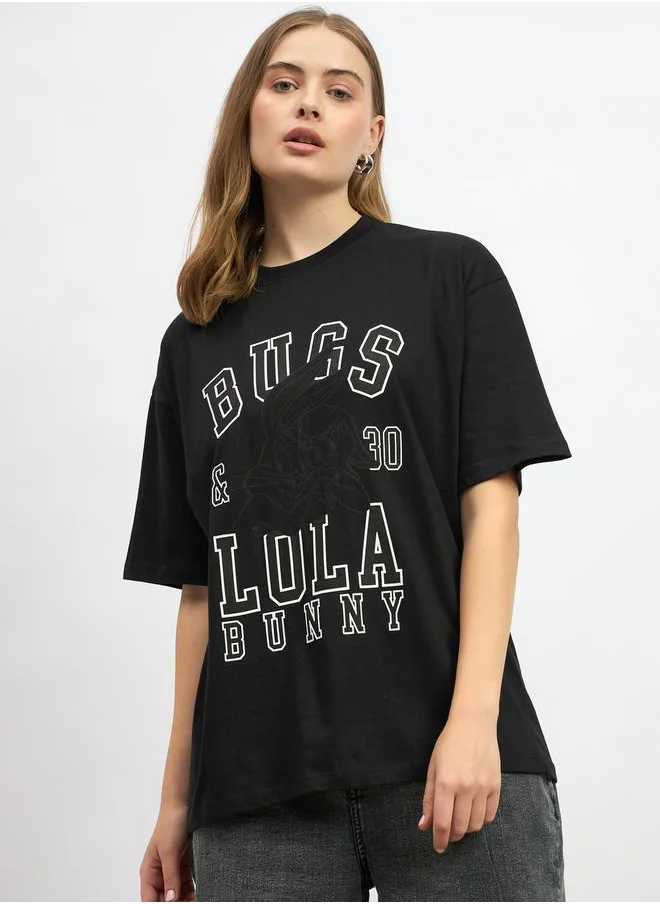 وارنر بروس Oversized Slogan Print Round Neck T-Shirt