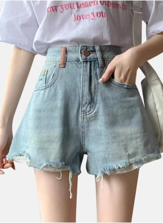 YUNIQEE Blue Slim Fit High-Rise Denim Shorts