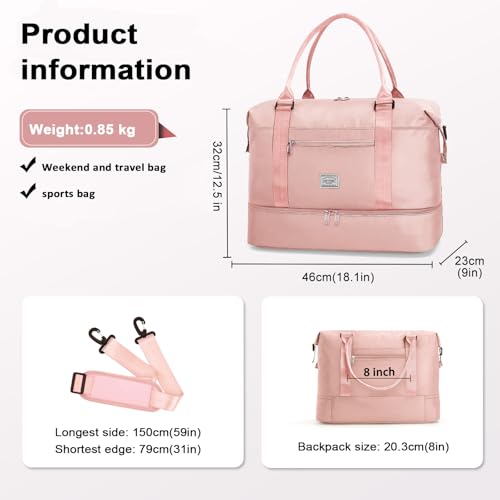 TANTOMI Travel Duffle Bag for Women Personal Item Travel Bag with Shoes Compartment Weekender Overnight Bag Carry On Duffle Bag Tote Gym Bag for Travel Sports Hospital Dance Pink - Image 3