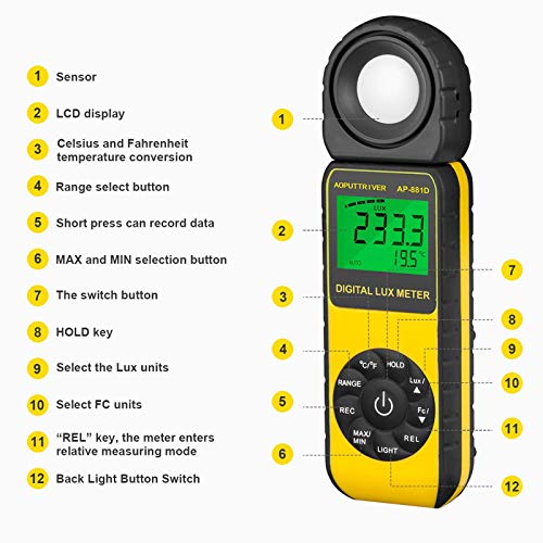 AOPUTTRIVER Light Meters, AP-881D Lux Meter with Ambient Temperature（℃/℉）Measurer Light 0.01~400,000 Lux (0.01~40,000 FC), Luxmeter with 270º Rotated Sensor, Back Light, Data storag for Plants LED Indoor Lights - Image 3