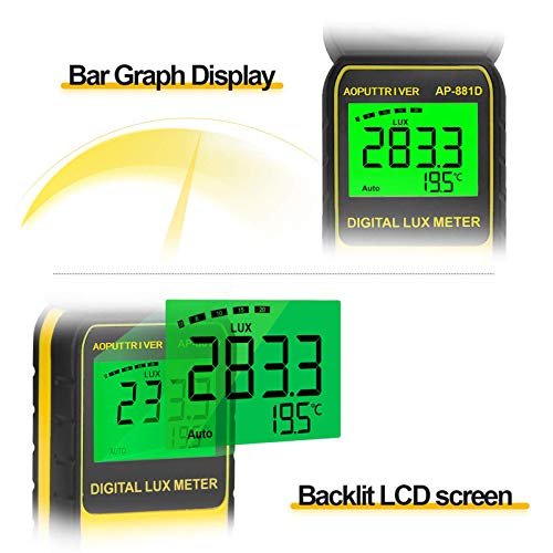 AOPUTTRIVER Light Meters, AP-881D Lux Meter with Ambient Temperature（℃/℉）Measurer Light 0.01~400,000 Lux (0.01~40,000 FC), Luxmeter with 270º Rotated Sensor, Back Light, Data storag for Plants LED Indoor Lights - Image 5