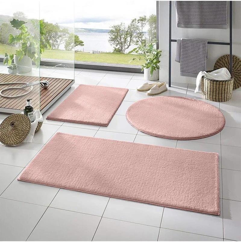 SARAR Xl Large Size Bath Mat Triple Set Powder Color Plush Non-Slip Base Washable