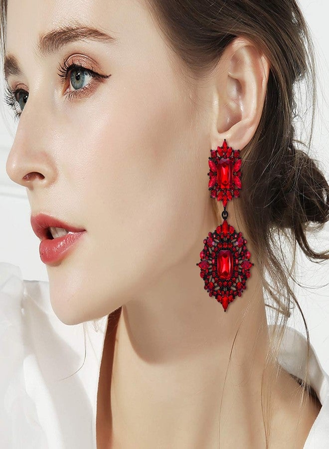 Flyonce Women's Crystal Wedding Art Deco Vintage Style Gatsby Chandelier Dangle Earrings Red - Image 2