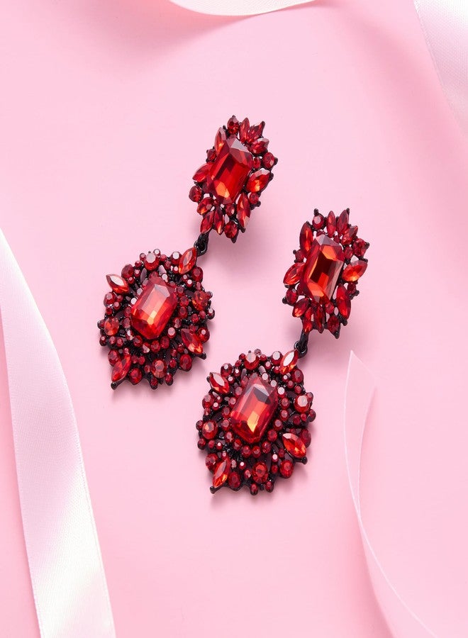Flyonce Women's Crystal Wedding Art Deco Vintage Style Gatsby Chandelier Dangle Earrings Red - Image 4