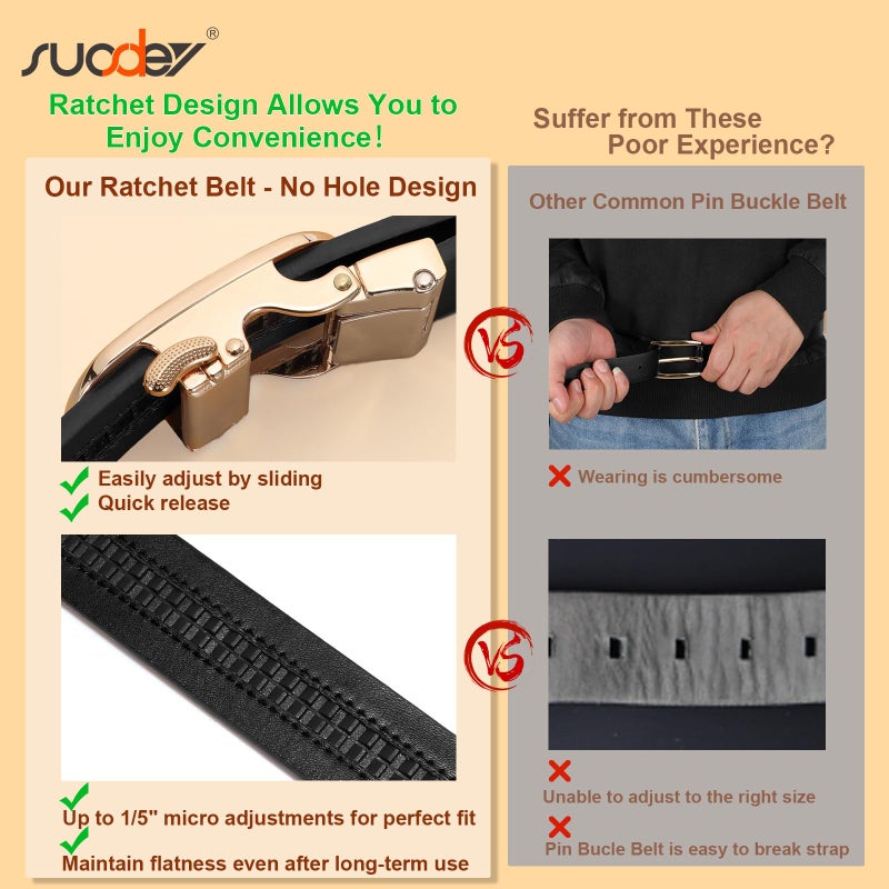SUOSDEY Women Leather Ratchet Belt for Jeans Pants with Gold Automatic Sliding Buckle,Ladies Dress Belt,Width 1.2",black - Image 3