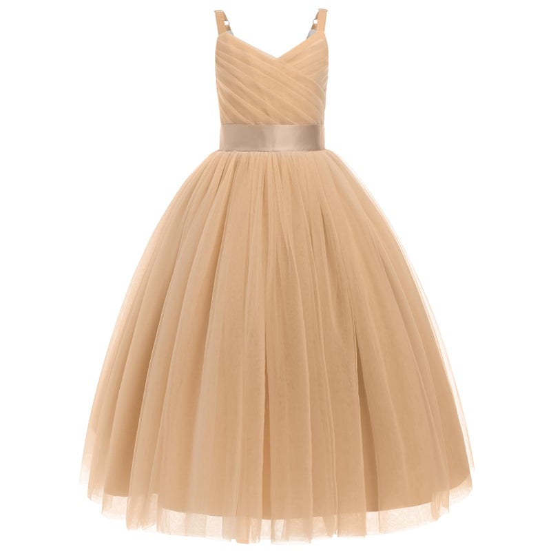 OBEEII Flower Girl Dress for Wedding Pleated V Neck Satin Tulle Princess Dress Junior Bridesmaids Pageant Formal Ball Gown, Champagne, 9 Years - Image 1