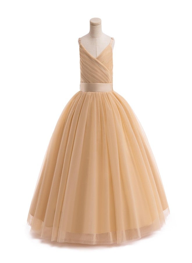 OBEEII Flower Girl Dress for Wedding Pleated V Neck Satin Tulle Princess Dress Junior Bridesmaids Pageant Formal Ball Gown, Champagne, 9 Years - Image 3