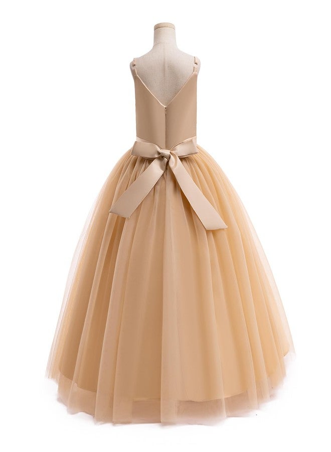 OBEEII Flower Girl Dress for Wedding Pleated V Neck Satin Tulle Princess Dress Junior Bridesmaids Pageant Formal Ball Gown, Champagne, 9 Years - Image 4