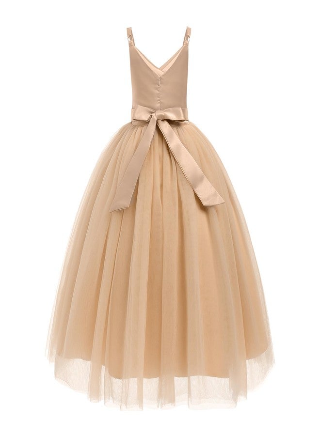 OBEEII Flower Girl Dress for Wedding Pleated V Neck Satin Tulle Princess Dress Junior Bridesmaids Pageant Formal Ball Gown, Champagne, 9 Years - Image 2