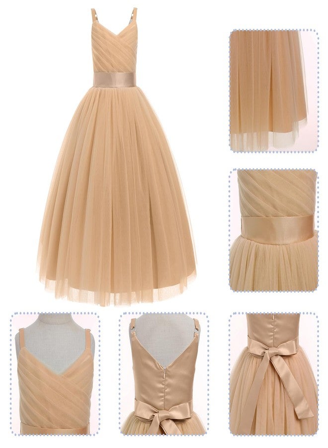 OBEEII Flower Girl Dress for Wedding Pleated V Neck Satin Tulle Princess Dress Junior Bridesmaids Pageant Formal Ball Gown, Champagne, 9 Years - Image 5