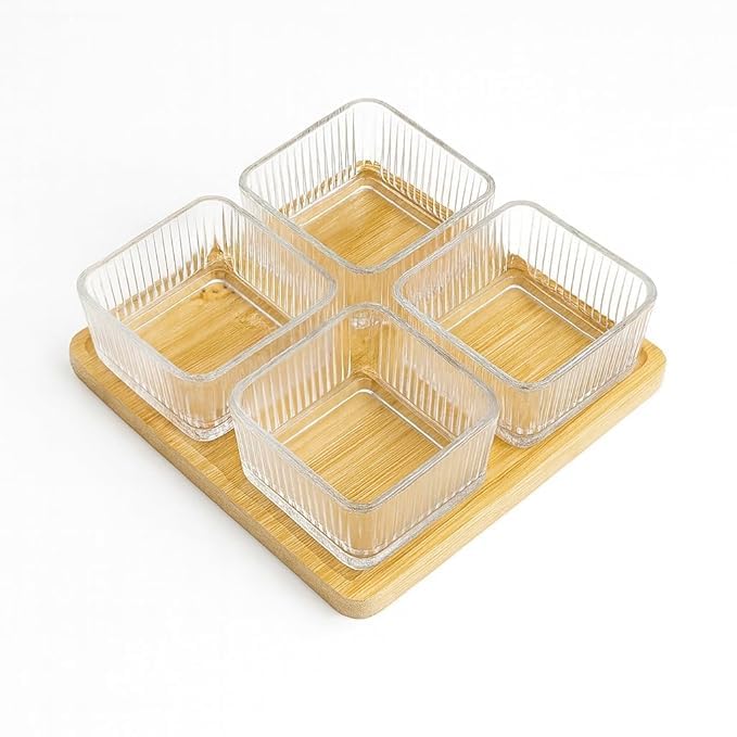 AZLVERA Bowl Serving Set,Kitchen Glass Dry Fruit Bowl with Wooden Tray for Serving Dry Fruits,Chocolates,Snacks,Pickle,Dessert,Mukhwas Candy Bowl Perfect for Dining Table Decoration (Set of 1) - Image 5