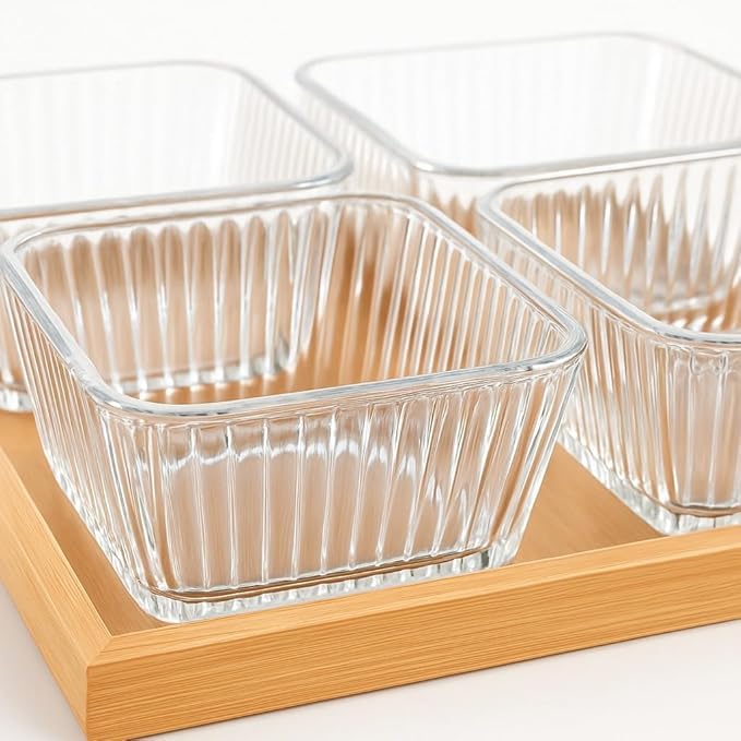 AZLVERA Bowl Serving Set,Kitchen Glass Dry Fruit Bowl with Wooden Tray for Serving Dry Fruits,Chocolates,Snacks,Pickle,Dessert,Mukhwas Candy Bowl Perfect for Dining Table Decoration (Set of 1) - Image 2