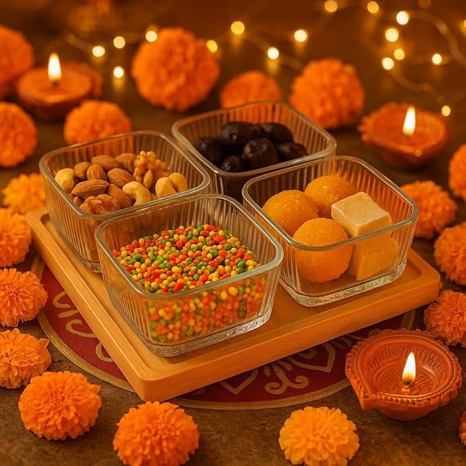 AZLVERA Bowl Serving Set,Kitchen Glass Dry Fruit Bowl with Wooden Tray for Serving Dry Fruits,Chocolates,Snacks,Pickle,Dessert,Mukhwas Candy Bowl Perfect for Dining Table Decoration (Set of 1) - Image 4