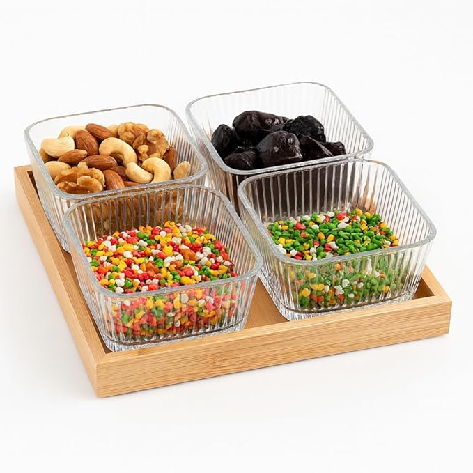 AZLVERA Bowl Serving Set,Kitchen Glass Dry Fruit Bowl with Wooden Tray for Serving Dry Fruits,Chocolates,Snacks,Pickle,Dessert,Mukhwas Candy Bowl Perfect for Dining Table Decoration (Set of 1) - Image 1