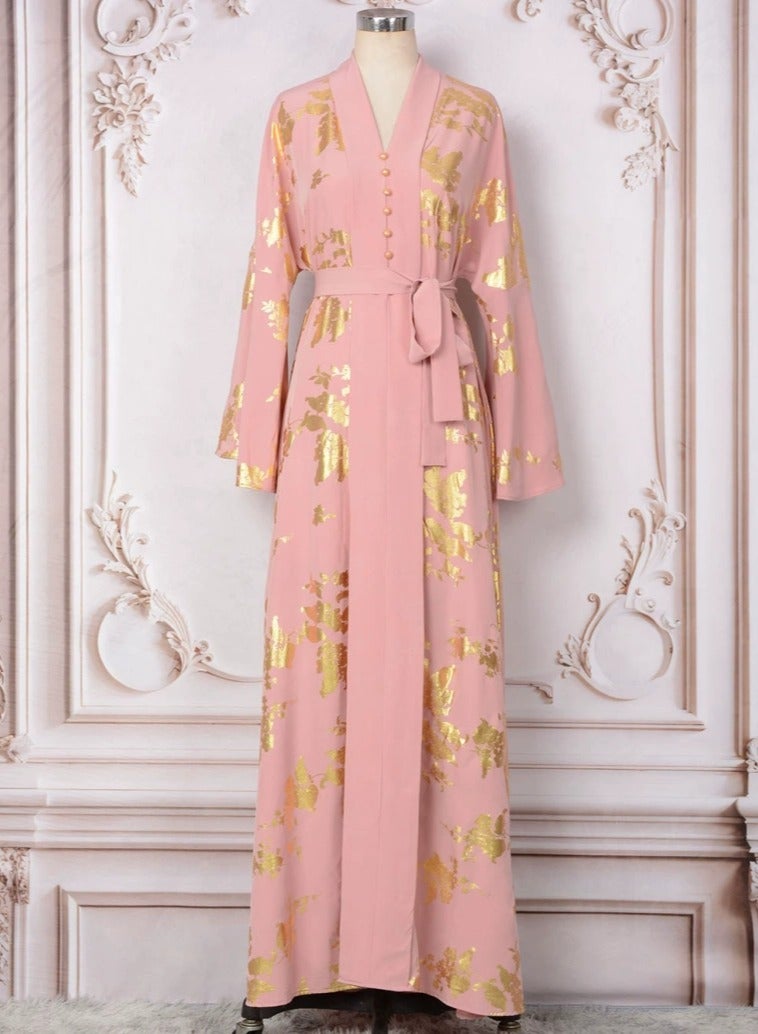 Loquat Womens V-Neck Flare Sleeve Bronzing Printing Muslim Abaya Evening Dress Loose Fit Dress Arabian Maxi Robe Pink  - Image 1
