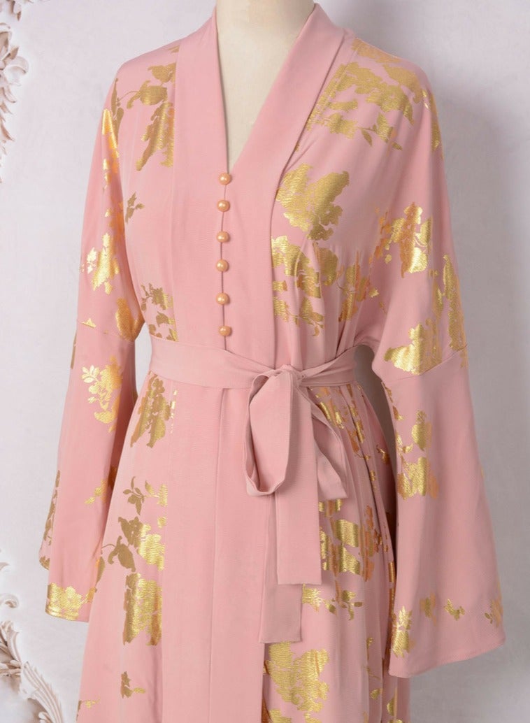 Loquat Womens V-Neck Flare Sleeve Bronzing Printing Muslim Abaya Evening Dress Loose Fit Dress Arabian Maxi Robe Pink  - Image 2