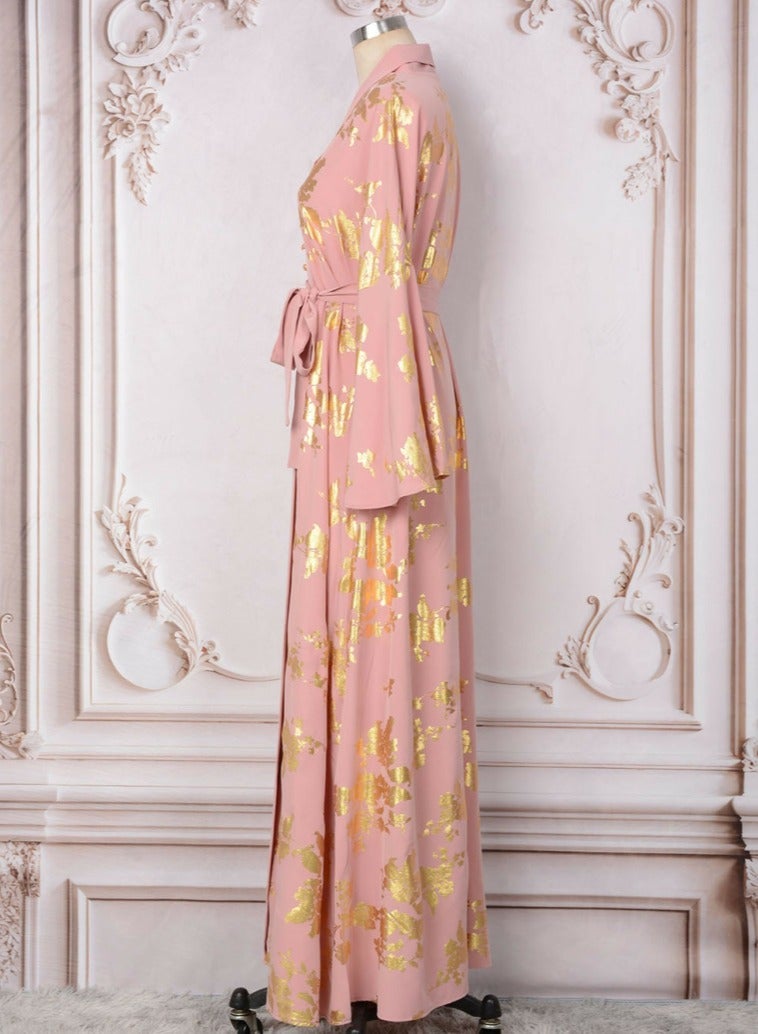 Loquat Womens V-Neck Flare Sleeve Bronzing Printing Muslim Abaya Evening Dress Loose Fit Dress Arabian Maxi Robe Pink  - Image 3
