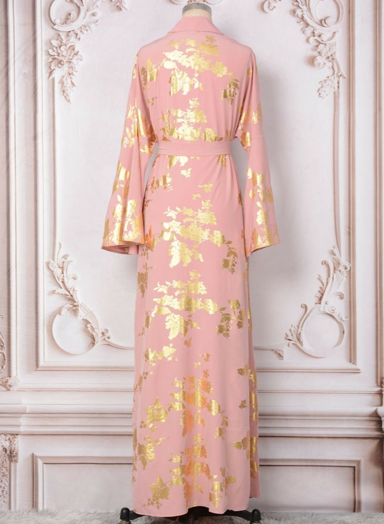 Loquat Womens V-Neck Flare Sleeve Bronzing Printing Muslim Abaya Evening Dress Loose Fit Dress Arabian Maxi Robe Pink  - Image 4