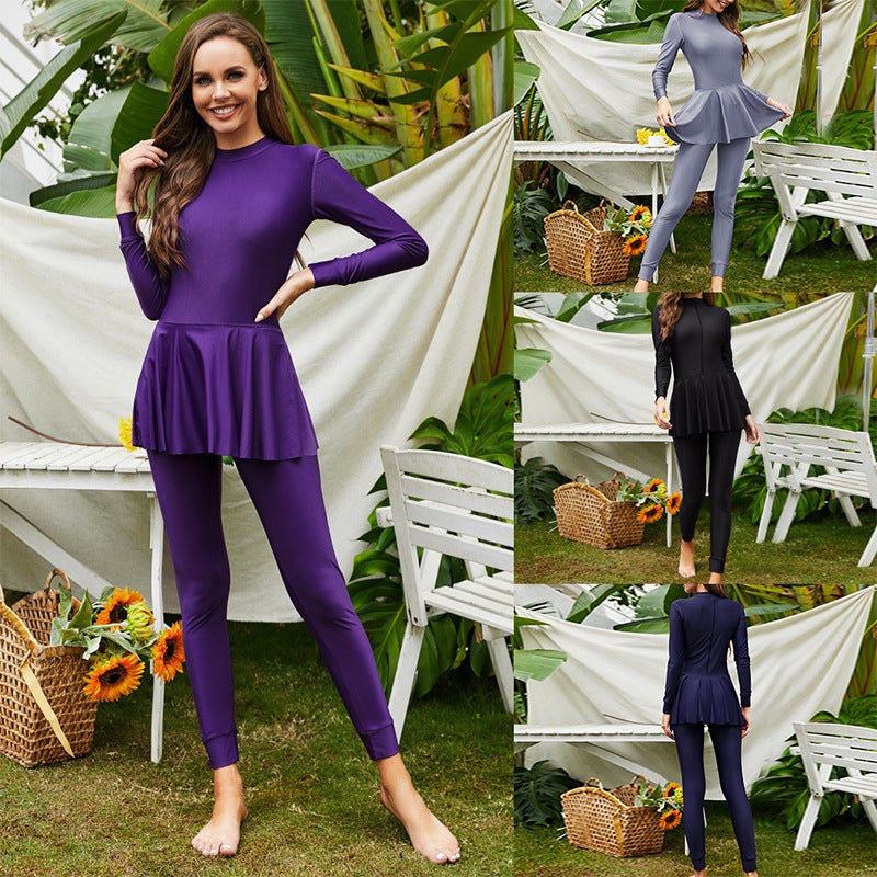 Long Sleeve Sunscreen All-In-One Swimsuit S-5Xl Solid Color Arabian Conservative Swimsuit - Image 2