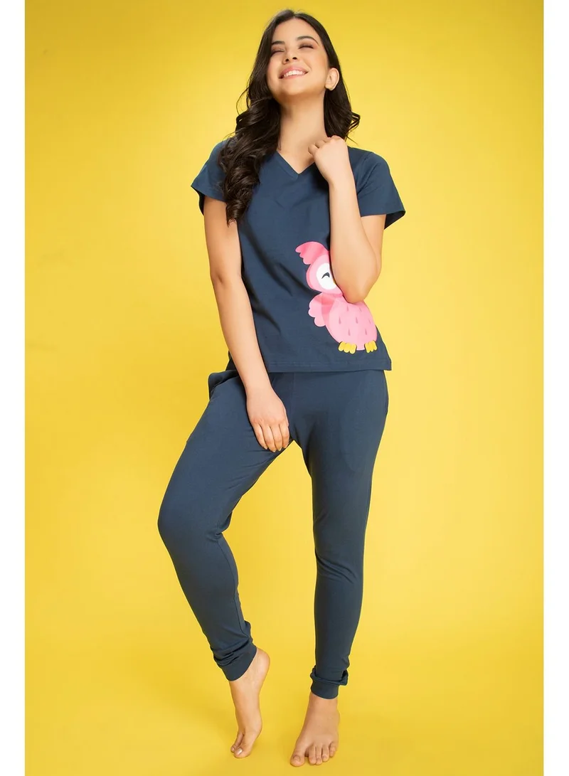 كلوفيا Clovia Owl Print Top & Pyjama in Navy - 100% Cotton