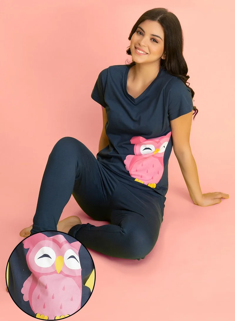 كلوفيا Clovia Owl Print Top & Pyjama in Navy - 100% Cotton
