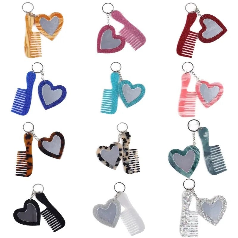Y&D Hot Selling Mini Acetate Makeup Mirror Key Ring Comb Set - Glitter Sequins Pendant, Portable Handle Hairbrushes - Image 2