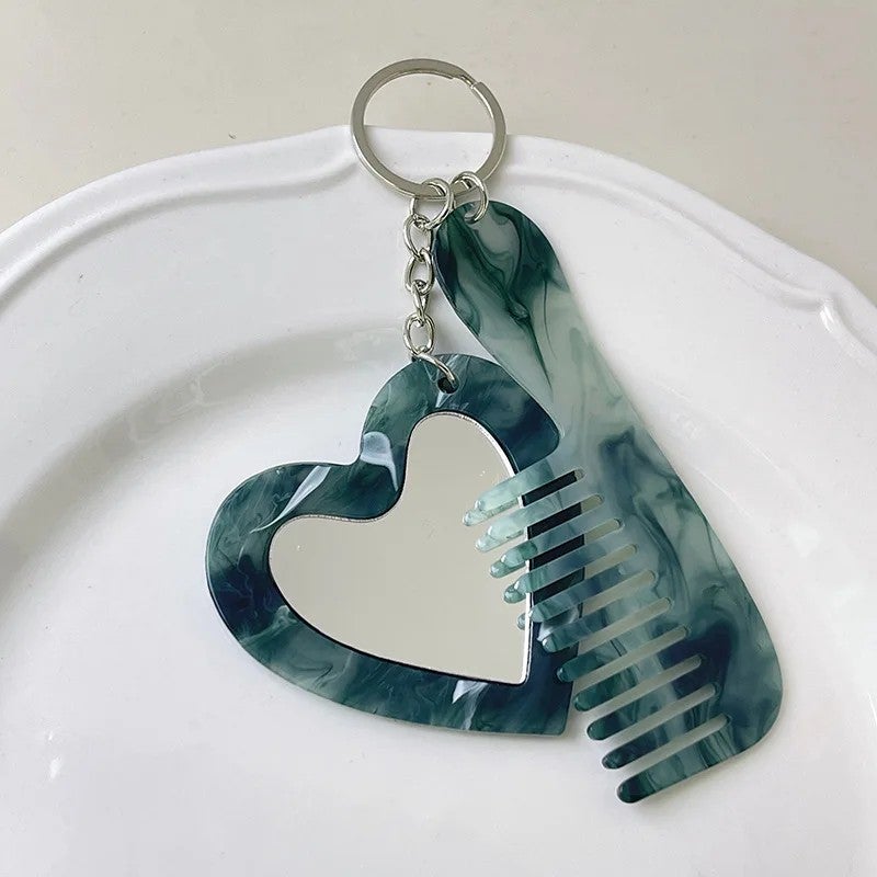 Y&D Hot Selling Mini Acetate Makeup Mirror Key Ring Comb Set - Glitter Sequins Pendant, Portable Handle Hairbrushes - Image 1