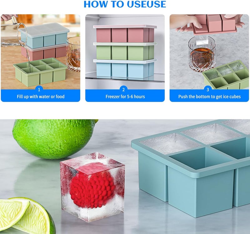 HANCELANT Large Ice Cube Tray for Whiskey 3 Pack - Silicone Square Ice Cube Mold with Removable Lid (Blue, Green, Pink) - Image 5