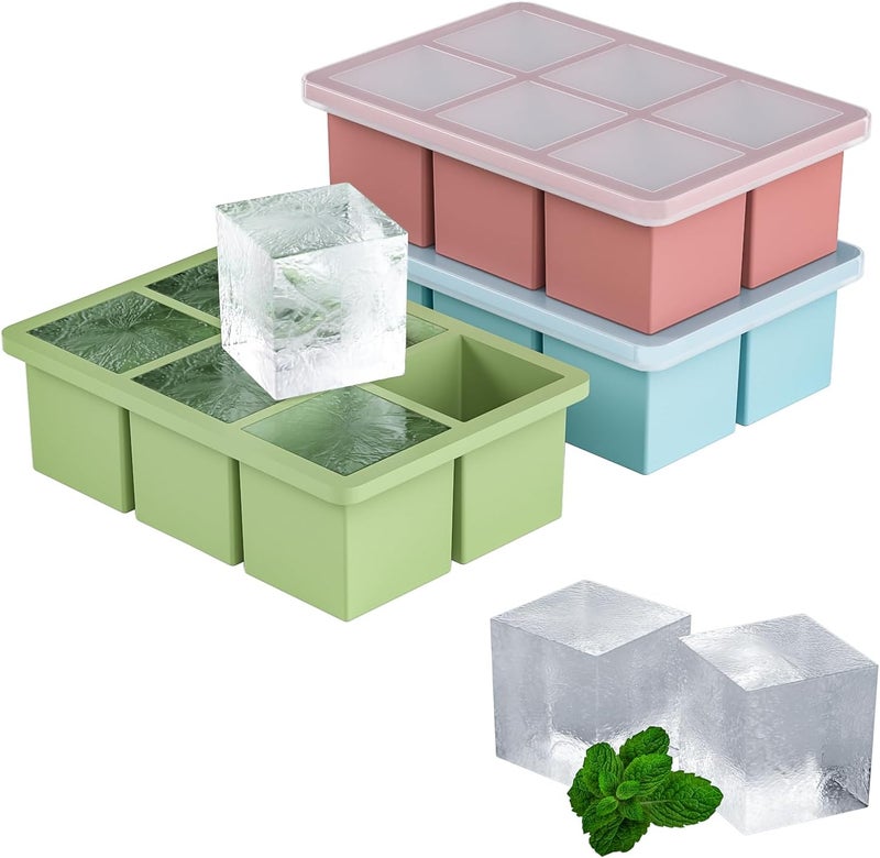HANCELANT Large Ice Cube Tray for Whiskey 3 Pack - Silicone Square Ice Cube Mold with Removable Lid (Blue, Green, Pink) - Image 1