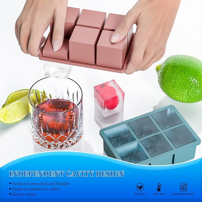 HANCELANT Large Ice Cube Tray for Whiskey 3 Pack - Silicone Square Ice Cube Mold with Removable Lid (Blue, Green, Pink) - Image 2