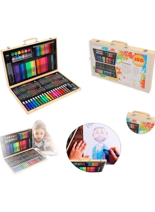 Toy Box 180 Colors Art Supplies Art Set Includes Oil Pastels, Crayons, Colored Pencils, Markers,Watercolor Cakes,Deluxe Portable Double Layers Wooden Style Gift Box for Kids Teens Adults - Image 2