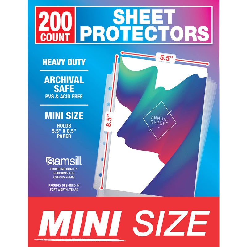 Samsill Mini Sheet Protectors 200 Pack, 5.5 x 8.5 Inch Page Protectors for Mini 3 Ring Binder, Heavy Duty, Clear Protector Sheets, 7 Hole, Top Loading, Acid Free - Image 1