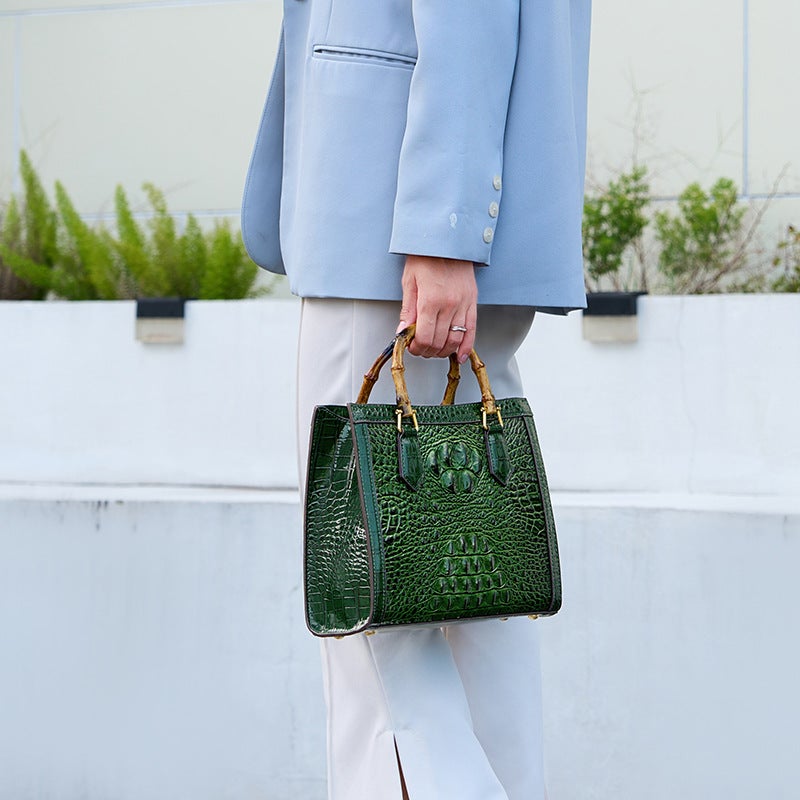 Crocodile Pattern Middle-Aged Mother'S Bag, High-End Bamboo Handle Tote Bag, Versatile Designer Leather Women'S Bag - Image 1