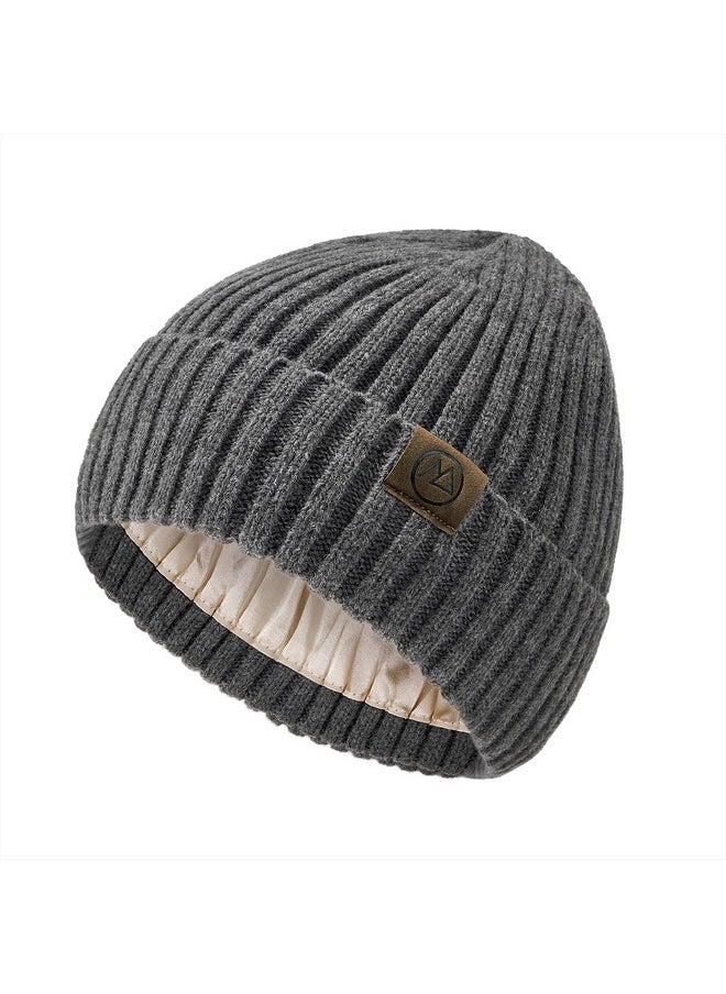 Zando - 2024 Satin Lined Beanie For Women Men Warm Winter Hats For Women Knit Satin Beanie Slouchy Skull Caps Silky Lining Hat For Women Unisex Knit Lined Beanie Winter Satin Beanie Dark Grey One Size - Image 1