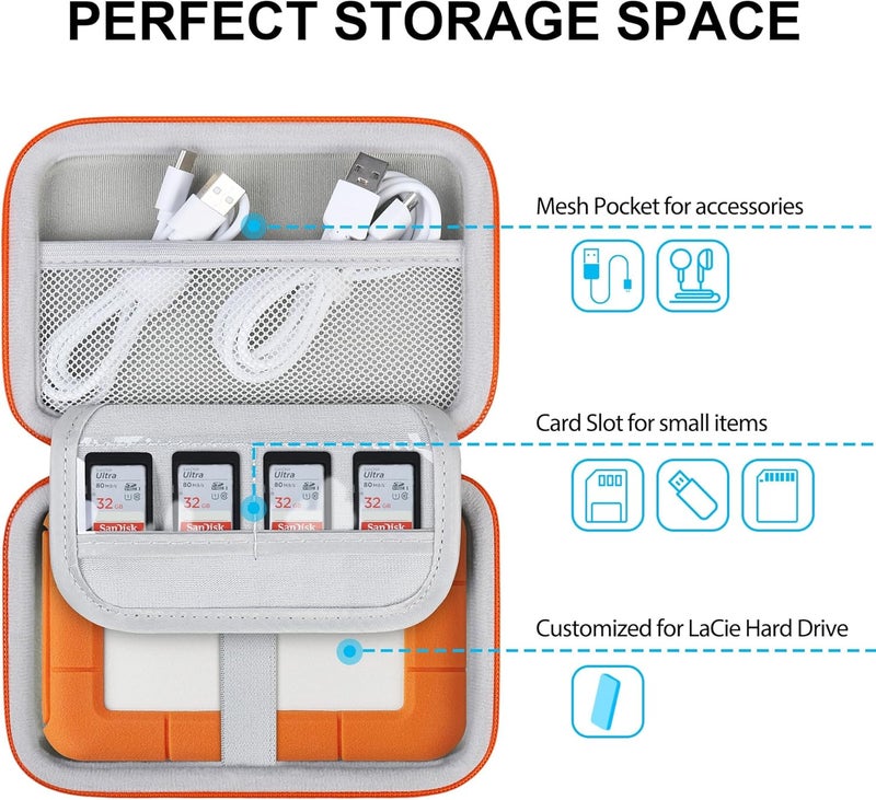 Lacdo Hard Drive Carrying Case for LaCie Rugged Mini/Rugged External Hard Drive Portable HDD 1TB 2TB 4TB 5TB USB 3.0 2.0 Hard EVA Shockproof Protective Storage Holder Travel Bag, Black+Orange - Image 2