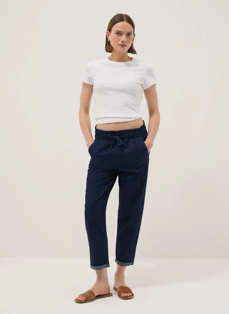 Ovs OVS Regular Fit Blue Denim Cotton Paper Bag Trousers