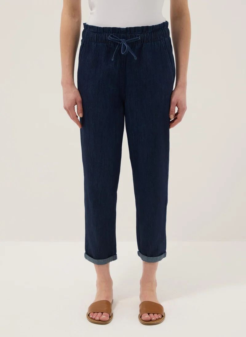 Ovs OVS Regular Fit Blue Denim Cotton Paper Bag Trousers