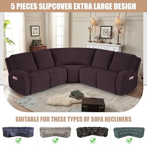 VANSOFY Extra Large Reclining Sectional Couch Covers, Washable 5-Piece Sofa Covers for L Shape Sectional Sofa Corner Seater, Thick, Soft Sofa Slipcovers (5 Seat Recliner Cover, Chocolate) - Image 4