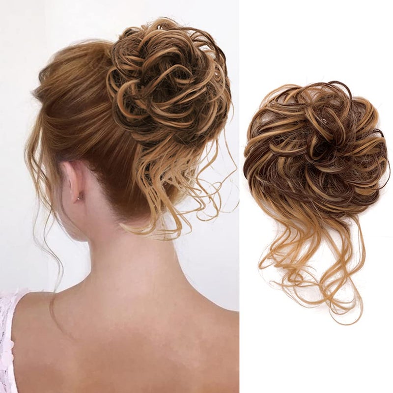 KETHBE Messy Bun Hair Piece Tousled Updo Hair Buns Extension Elastic Hair Band Hair Pieces Curly Hair Bun Scrunchie For Women Dark Brown Mix Golden Brown 