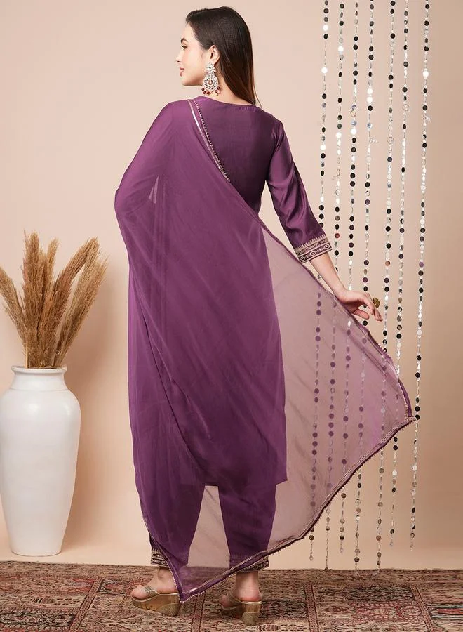 globus Sequined Floral Embroidered V-Neck Straight Kurta with Pants and Dupatta Set by Styli