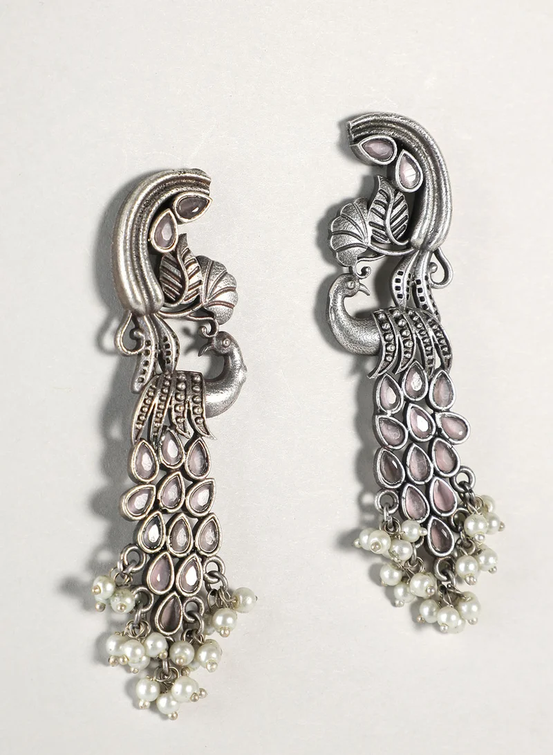 ISHIN Silver-Toned Peacock Shaped Drop Earrings