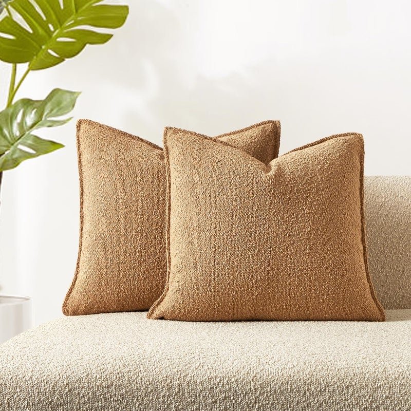 JUSPURBET Camel Boucle Throw Pillow Covers 20x20 inch Set of 2 for Couch Bedroom Sofa Living Room Decorative Soft Thick Textured Cushion Covers with Hidden Zipper - Image 1