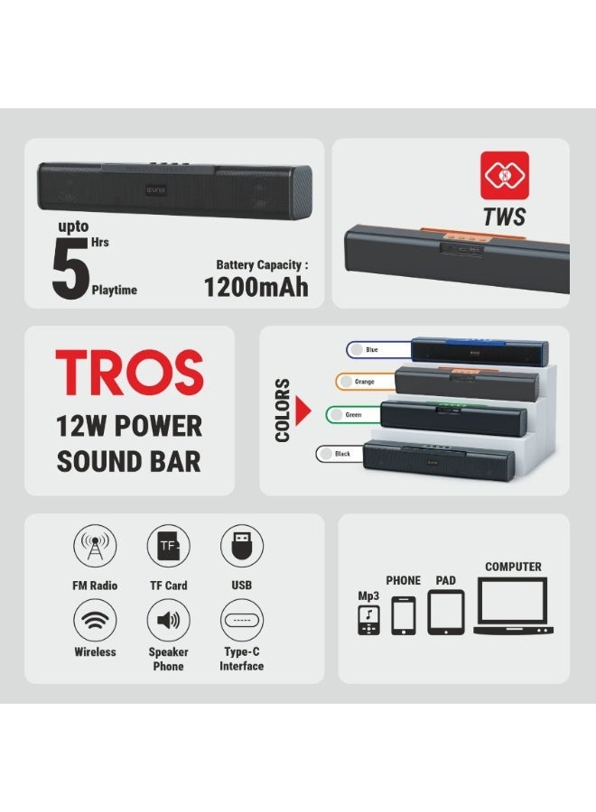 يونيكس شريط صوت لاسلكي يونكس TROS 12W | مكبر ستيريو مع اقتران TWS | دعم USB/TF/AUX/FM | صغير ومحمول | برتقالي - Image 2