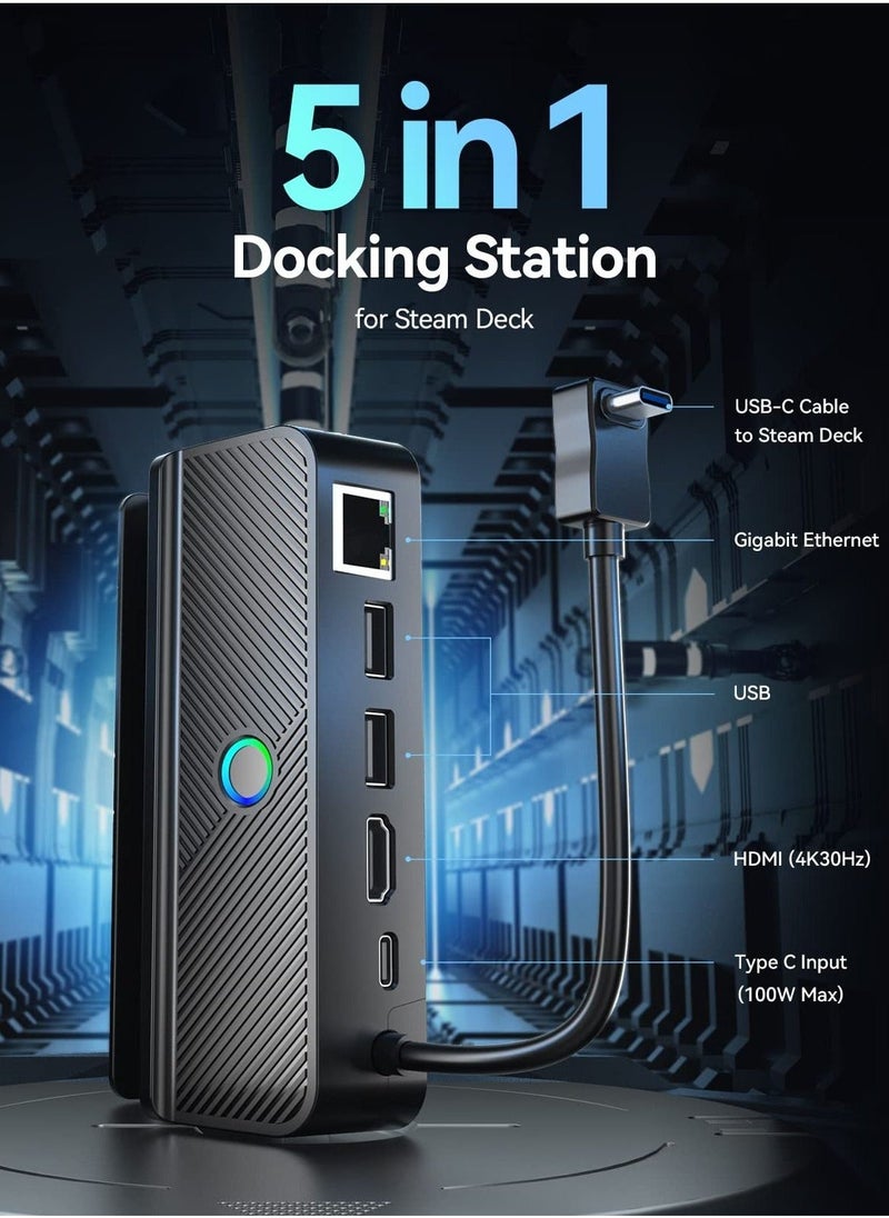 Docking Station for Steam Deck with LED Light, 5-in-1 Steam Dock with Gigabit Ethernet, HDMI 2.0 4K@60Hz, 2 USB-A 3.1, 100W Full Speed Charging Port, Dock for Steam Deck Accessories - Image 2