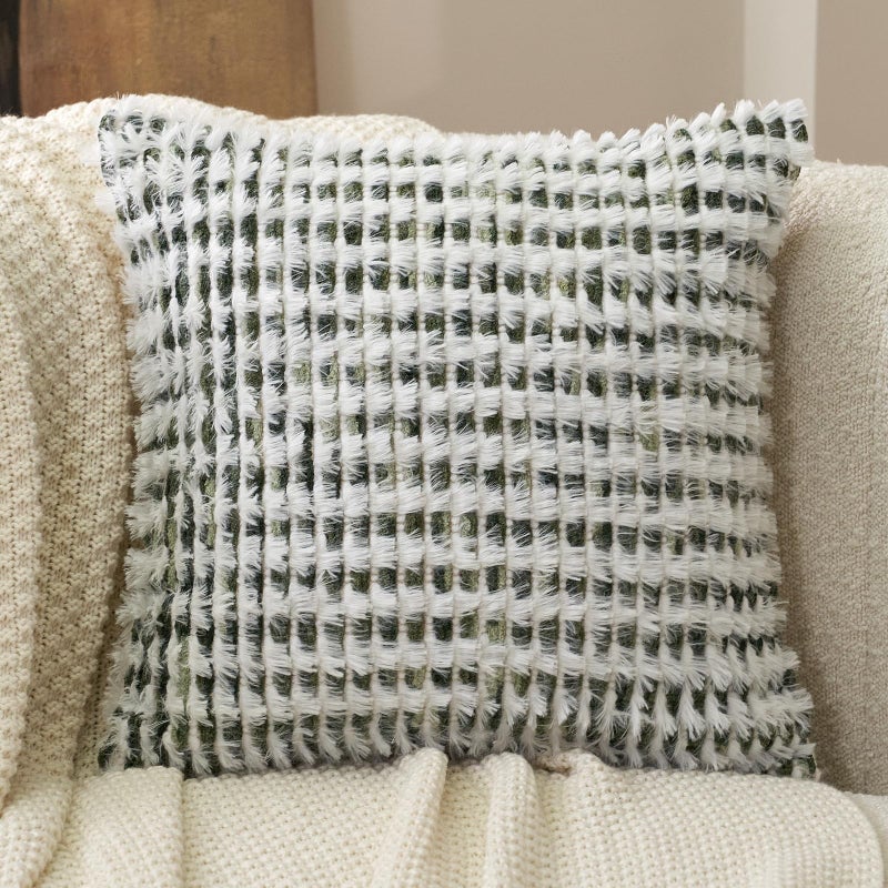 Aeckself Boho Chenille Tufted Pillow Cover 18 x 18 Inch, Decorative Square Throw Pillow Cover Neutral Pillowcase for Couch Bedroom Living Room, Green White - Image 2